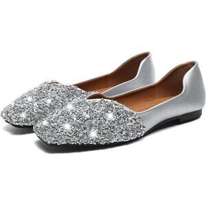 Fsfdamia Flat Shoes Women Silver Leather Square Toe Bling Glitter Casual Shoes